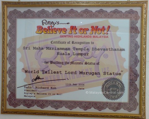 Batu Caves temple Ripleys Believe It Or Not certificate